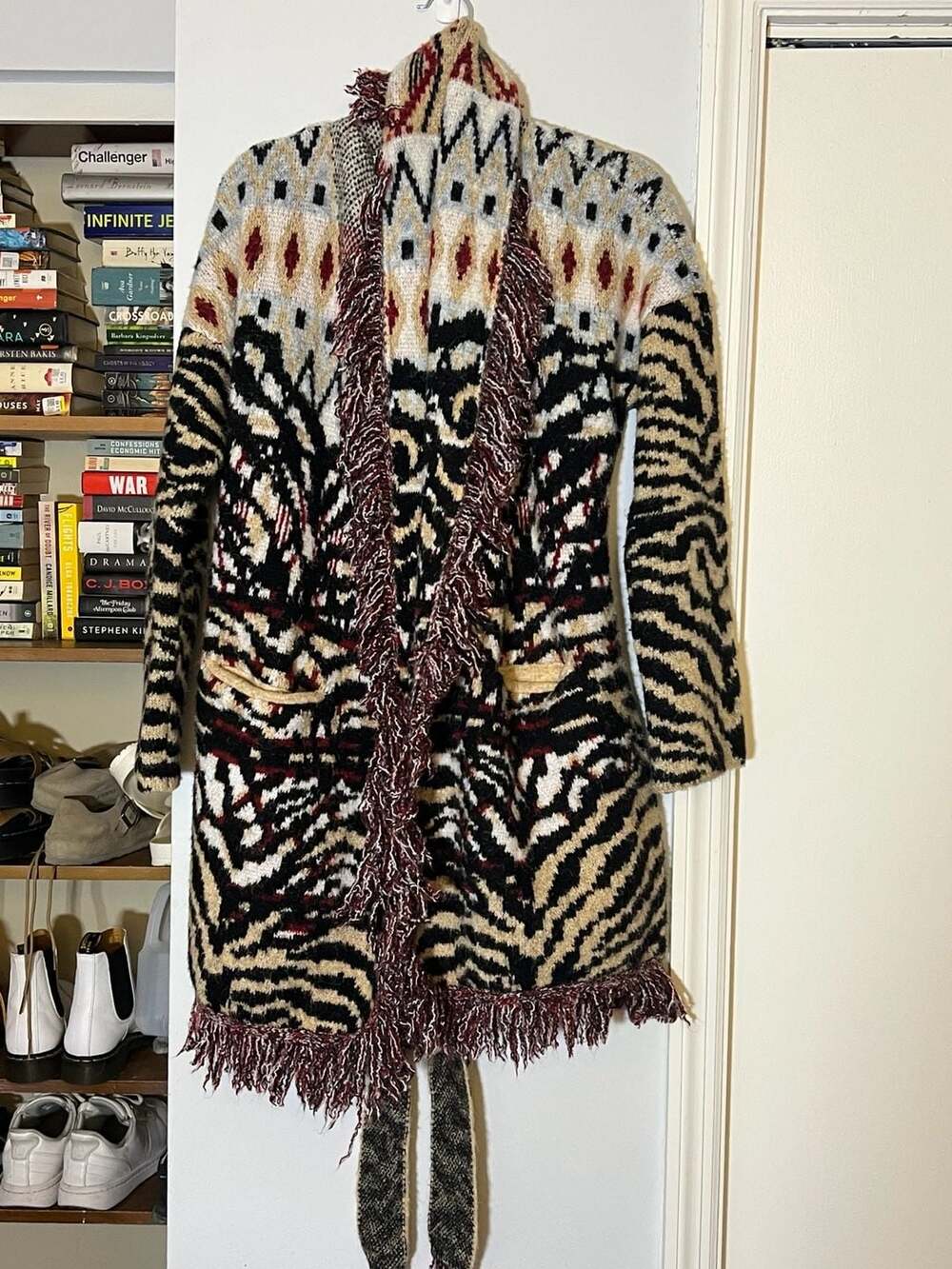 Anthropologie Paloma Fringed Animal Print Wrap Cardigan Sweater